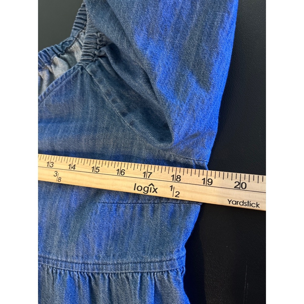 Old Navy Tiered Blue Denim Blouse Medium Puff Sleeve Babydoll Cottagecore - Picture 4 of 9